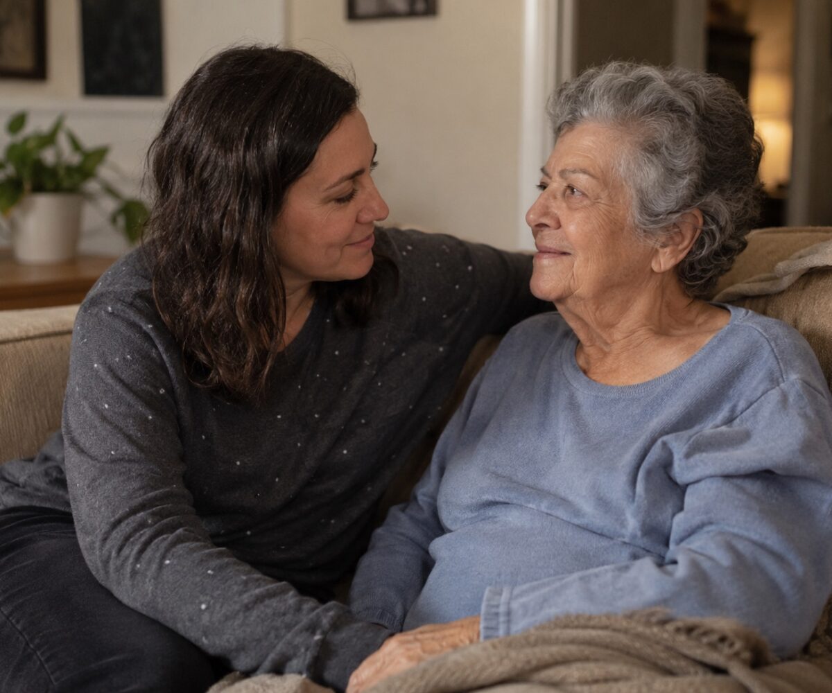 Family caregiver spending time with aging parent at home