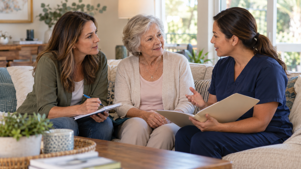 Family reviewing questions to ask when choosing a home care provider